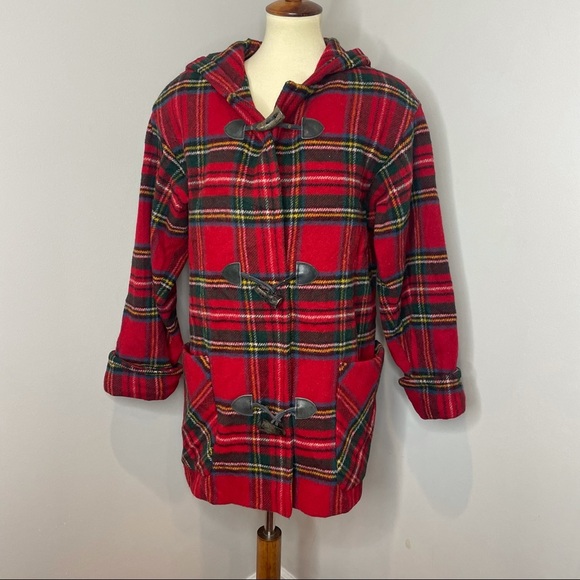 Vintage Eddie Bauer‎ Red Plaid Wool Coat w/ Toggles - Picture 1 of 5